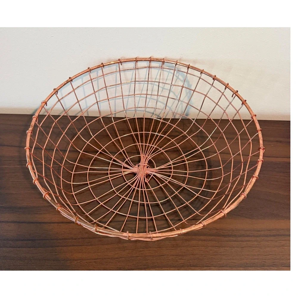Handmade Round Copper Wire Basket Minimalist Metal Bowl Decorative Storage 11.75